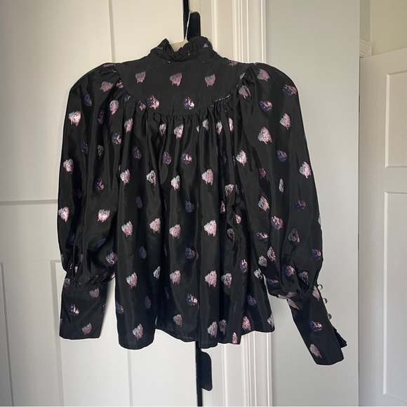 Tuckernuck Black Pink Blurred Dot Fil Coupe Corrigan Blouse Button Sleeve - Picture 10 of 10
